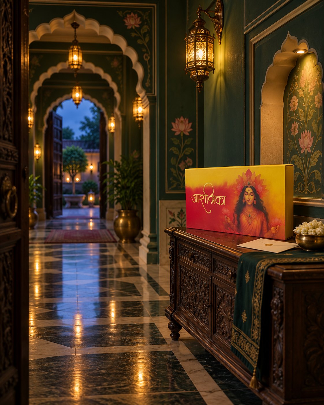 The Diwali Gift Box on a carved chest in a lamplit palace passage