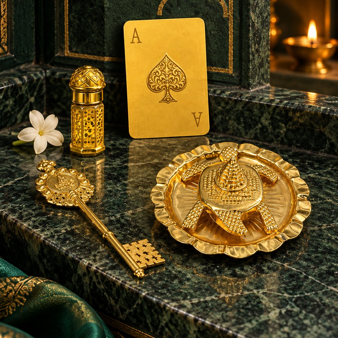 The keepsakes: the Ace card, Bela Itra, the Shri Yantra on Tortoise and the Kuber Kunji