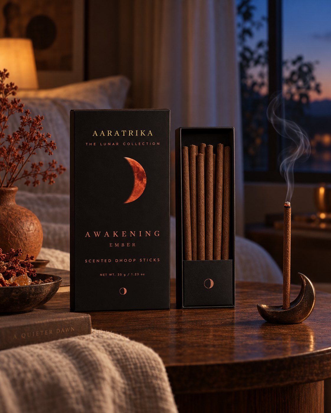 Awakening Ember compact dhoop-stick box and tray in a styled setting