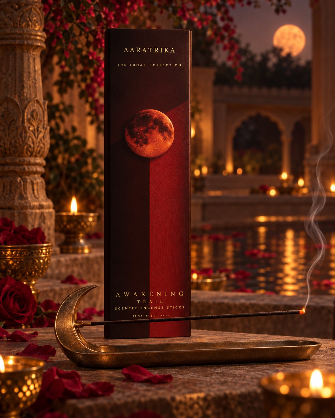 Awakening Trail incense-stick packaging in a copper-red styled setting