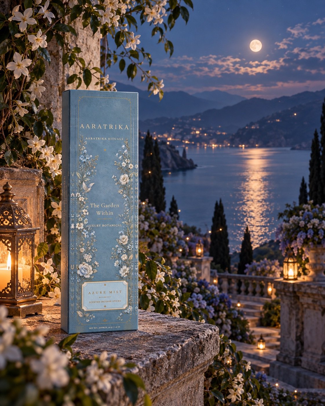 Azure Mist Botanical incense-stick packaging in a blue garden setting