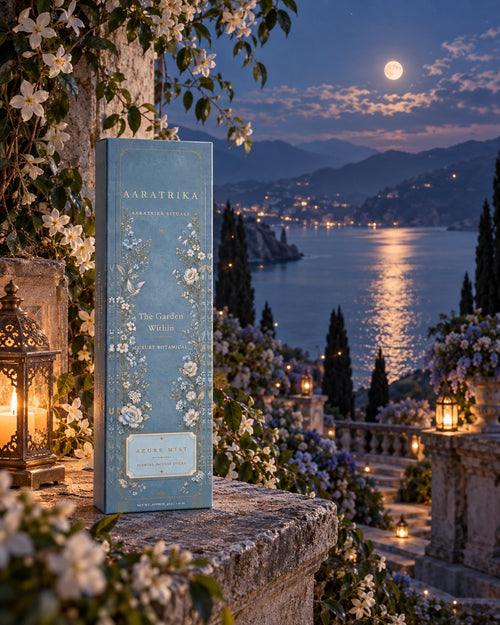 Azure Mist Botanical incense-stick packaging in a blue garden setting