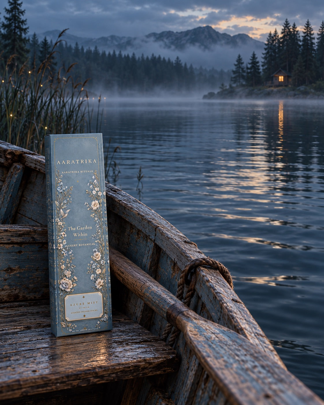 Azure Mist Botanical incense packaging on a wooden boat by a misty lake