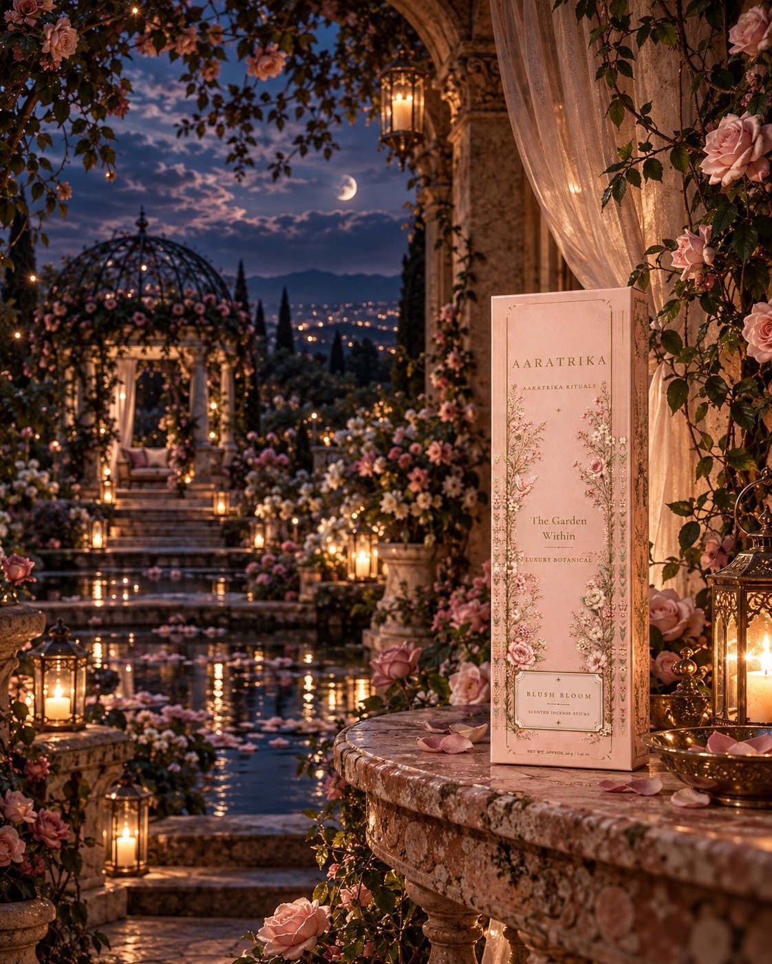 Blush Bloom Botanical incense-stick packaging in a pink garden setting