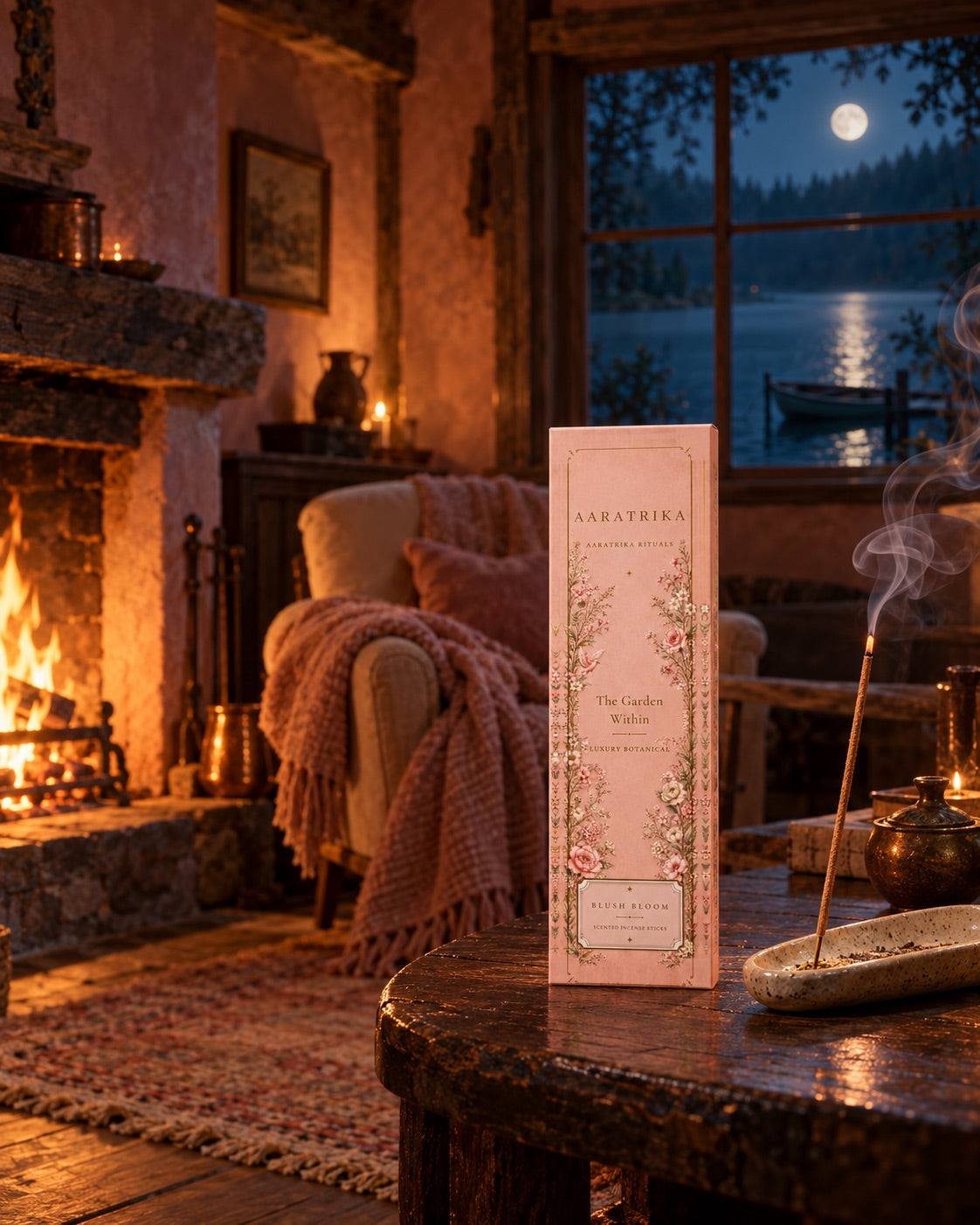Blush Bloom Botanical incense packaging beside a warm fireside reading space