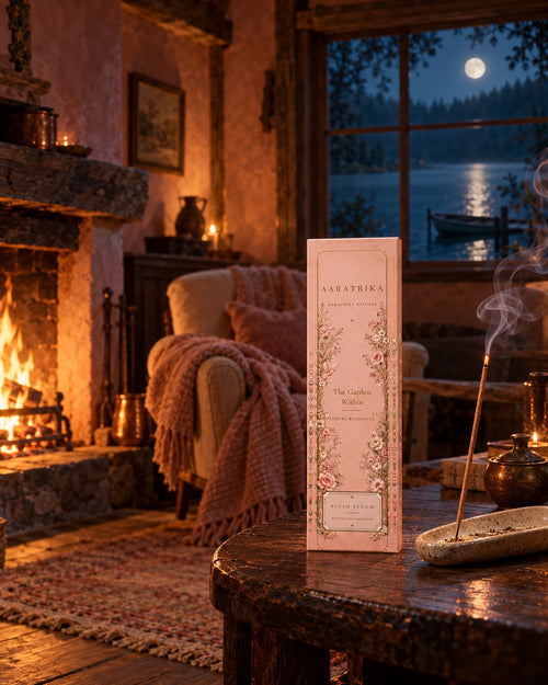 Blush Bloom Botanical incense packaging beside a warm fireside reading space