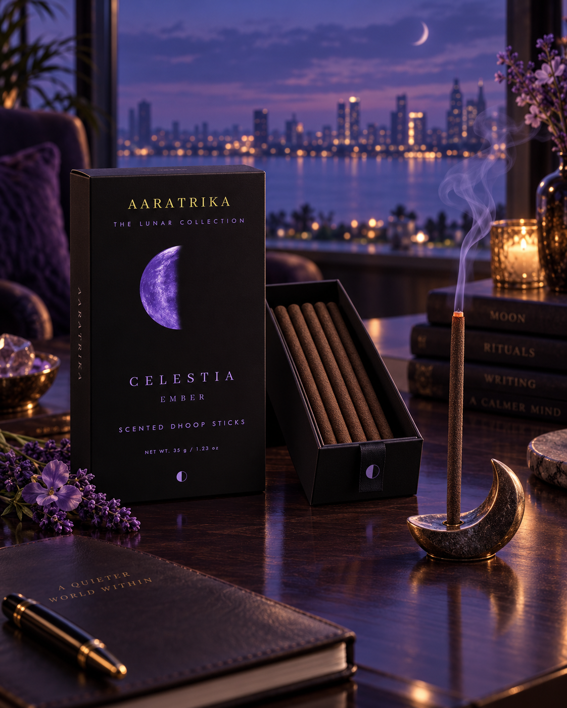Celestia Ember packaging and compact dhoop sticks in a violet evening setting