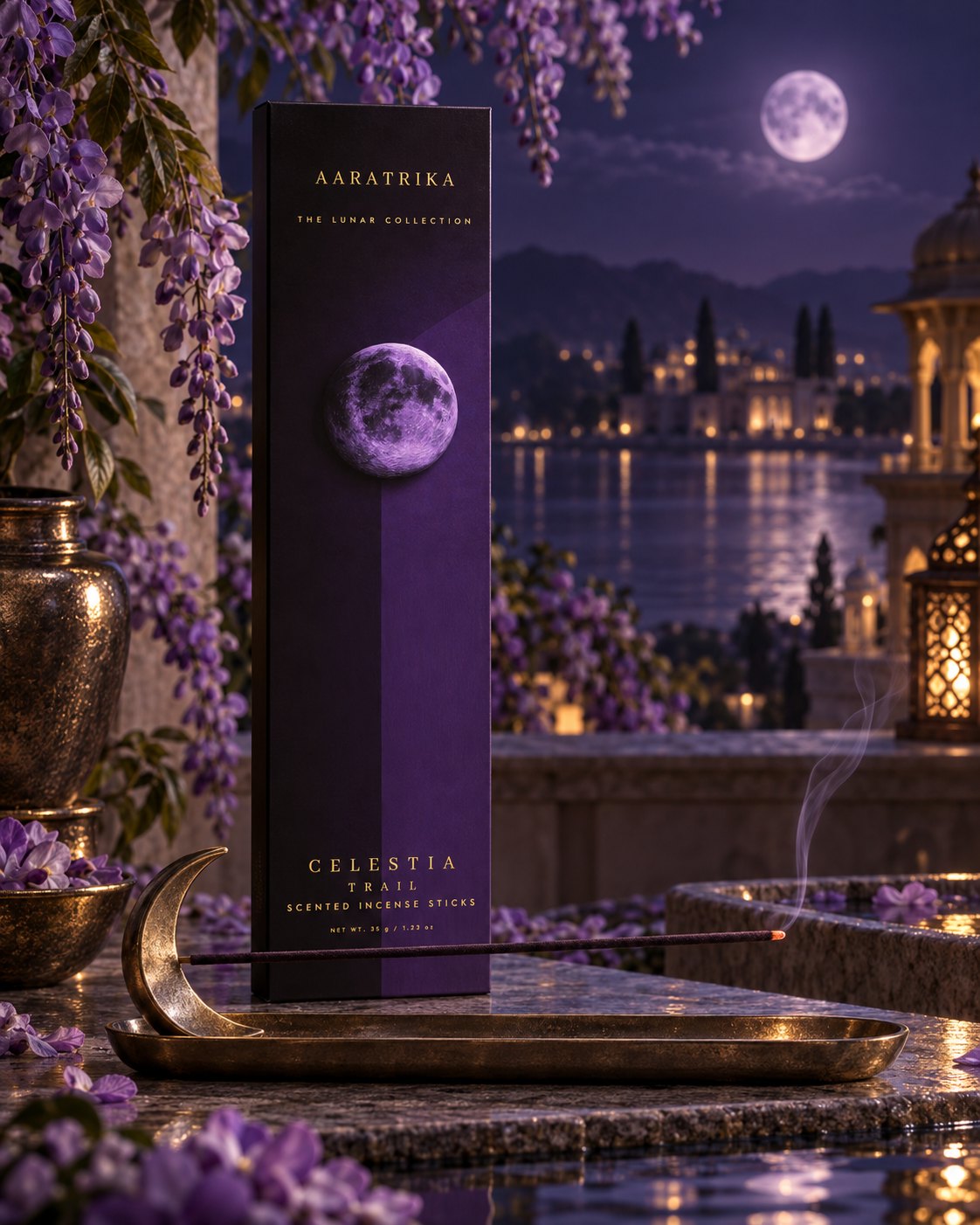 Celestia Trail incense-stick packaging in a violet styled setting