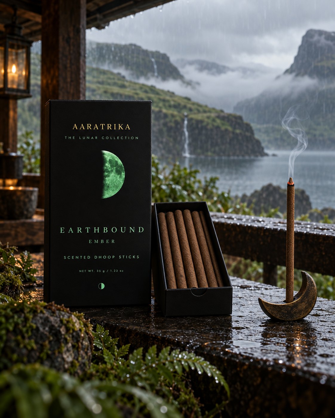 Earthbound Ember compact dhoop-stick box and tray in a rain-lit styled setting
