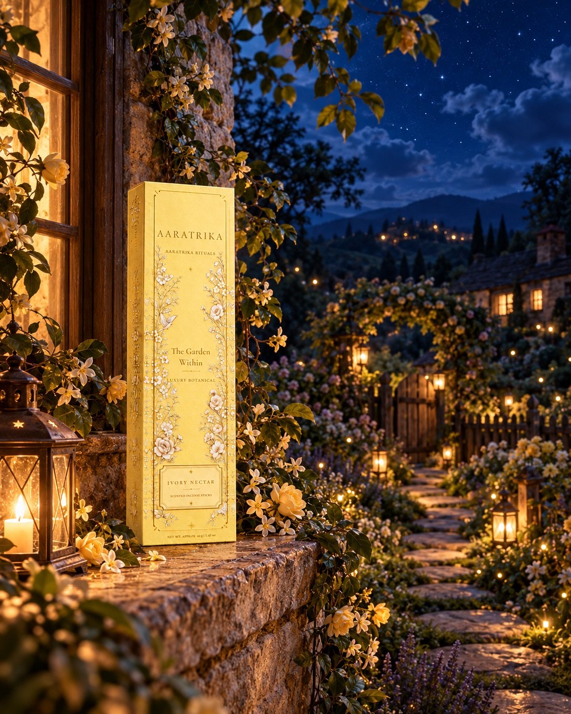 Ivory Nectar Botanical incense-stick packaging in a styled garden setting