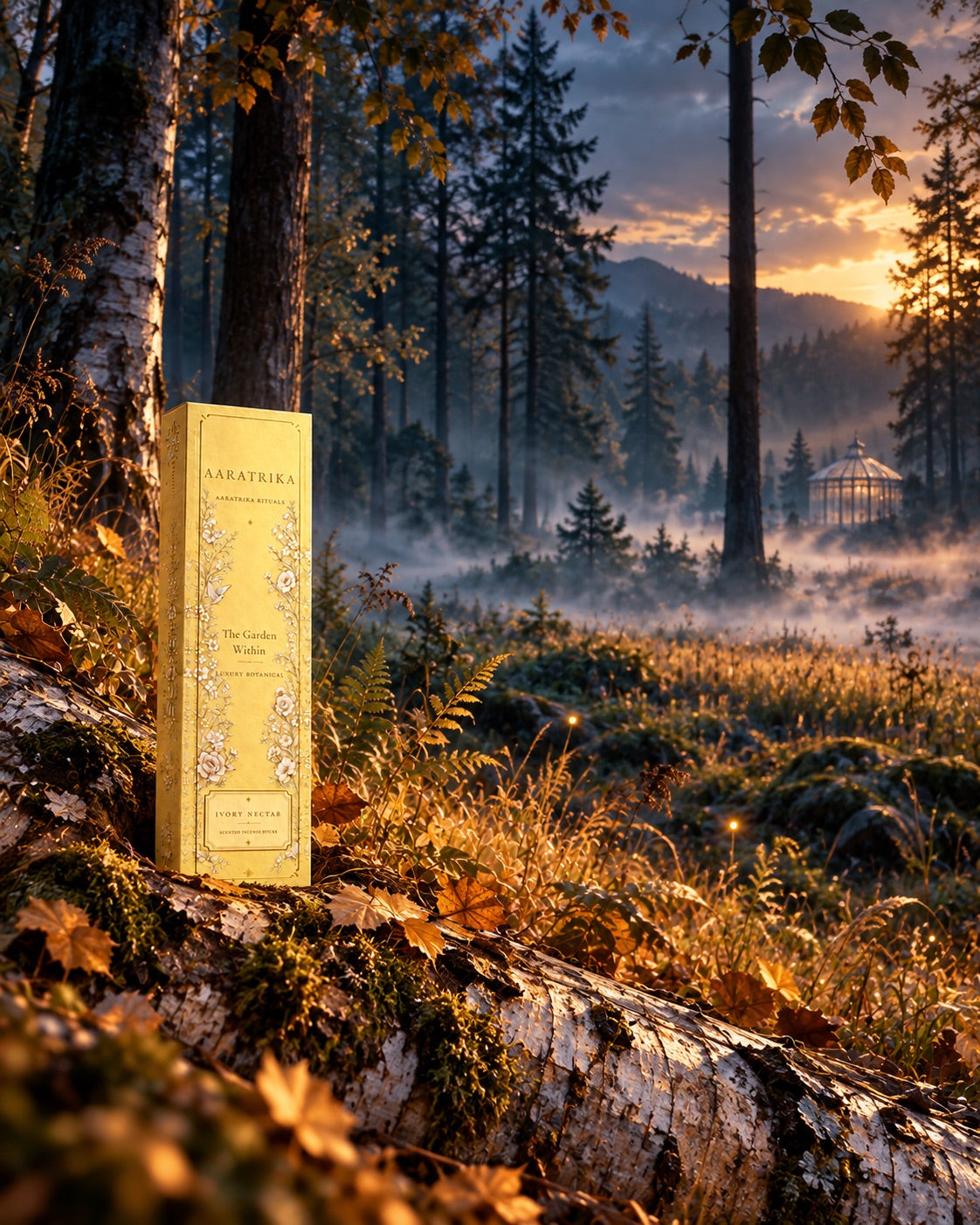 Ivory Nectar Botanical incense packaging in a softly lit forest setting