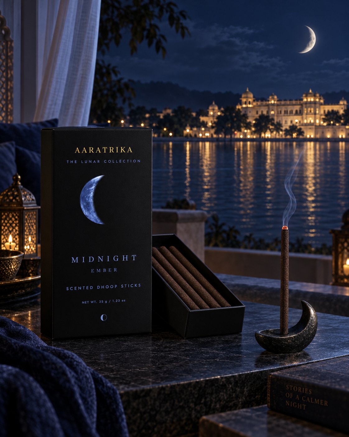 Midnight Ember compact dhoop-stick box and tray in a blue styled setting