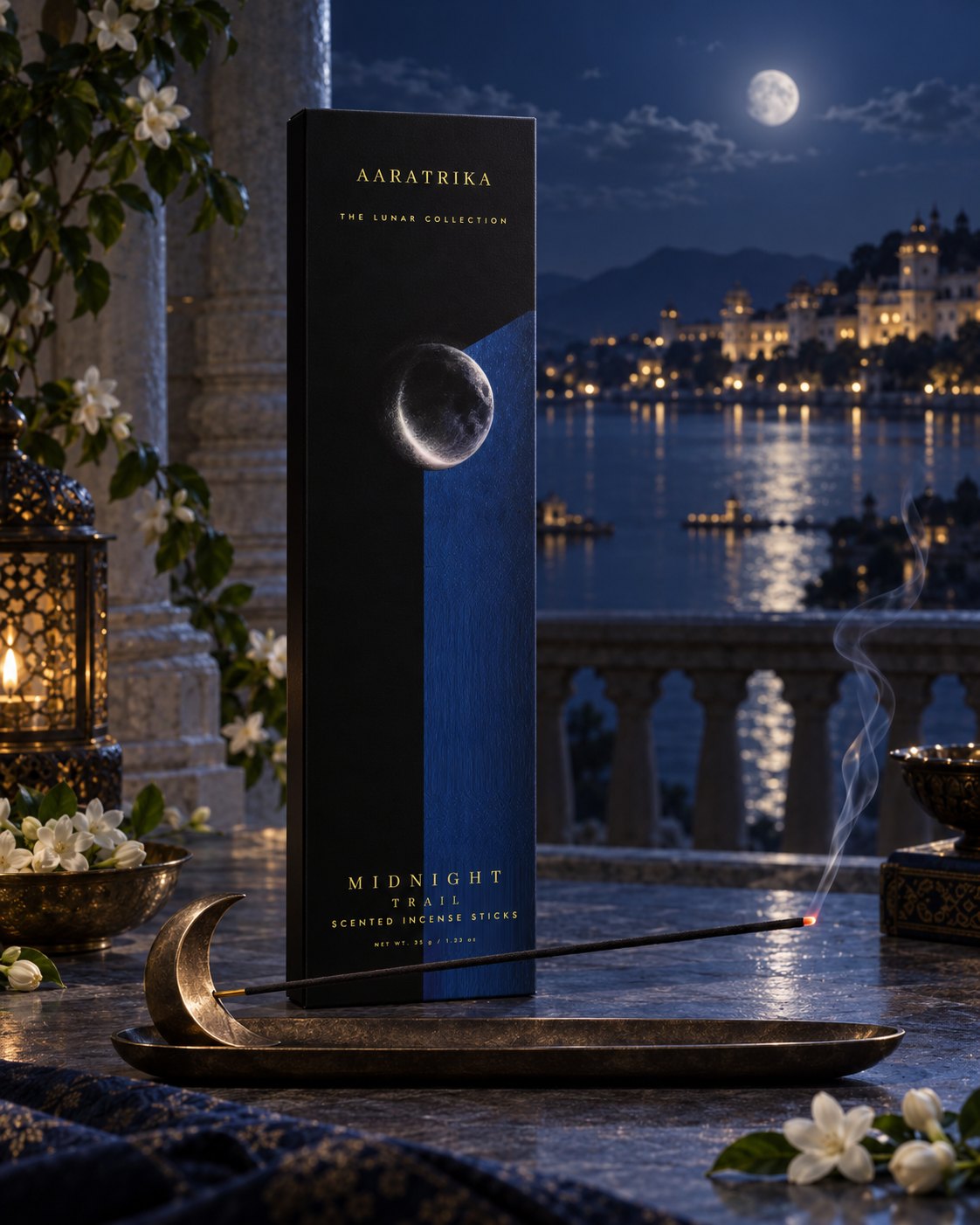 Midnight Trail incense-stick packaging in a blue styled setting