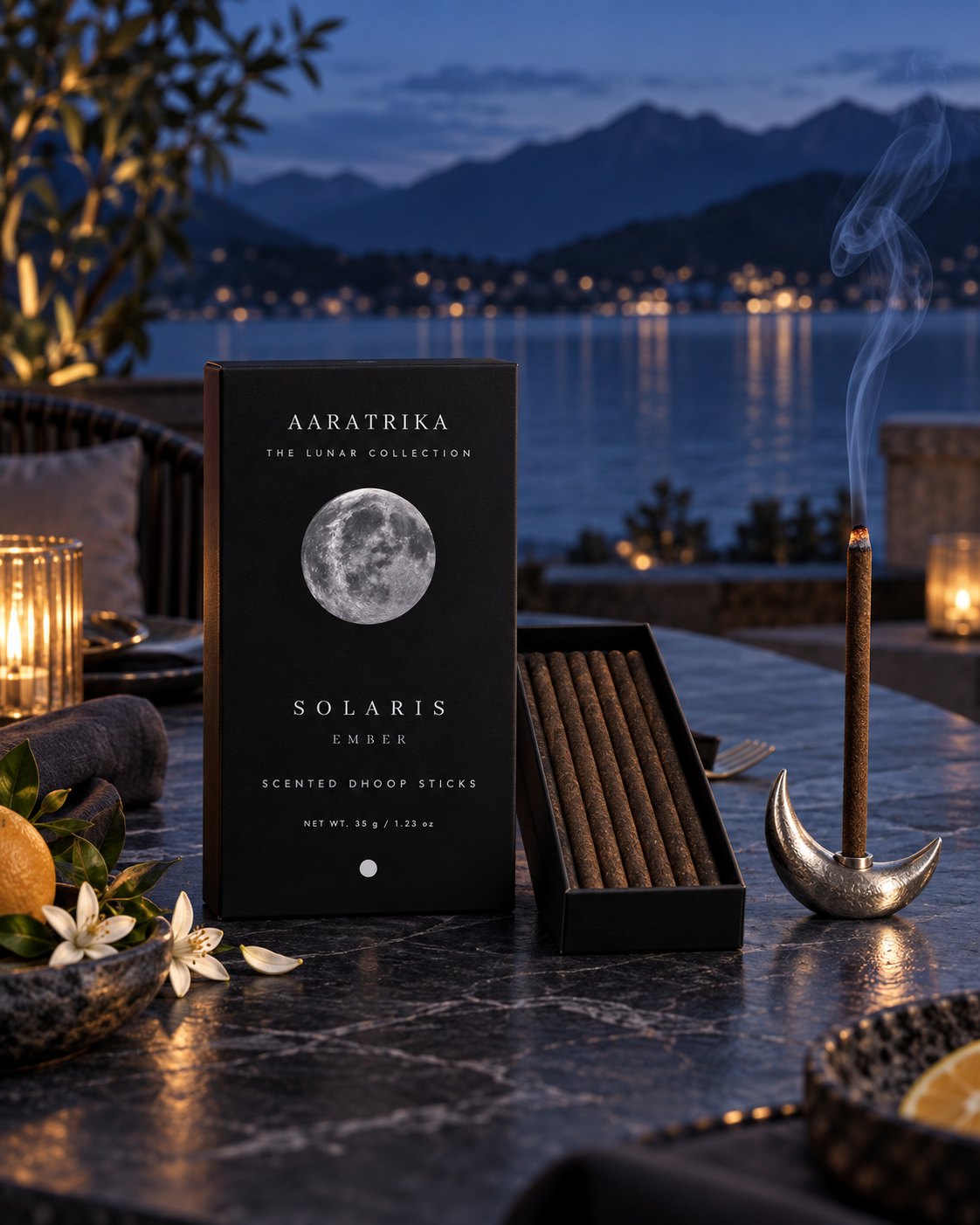 Solaris Ember compact dhoop-stick box and tray in a styled setting