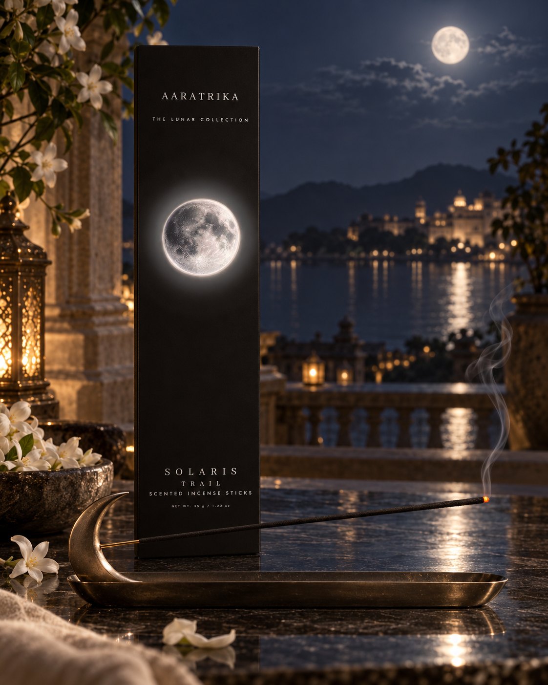 Solaris Trail incense-stick packaging in a styled moonlit setting