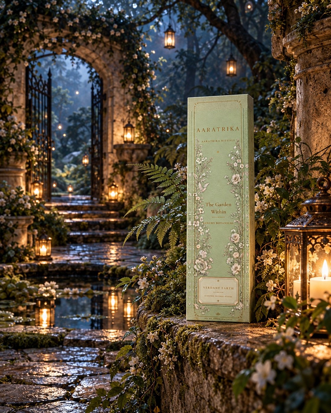 Verdant Earth Botanical incense-stick packaging in a green garden setting