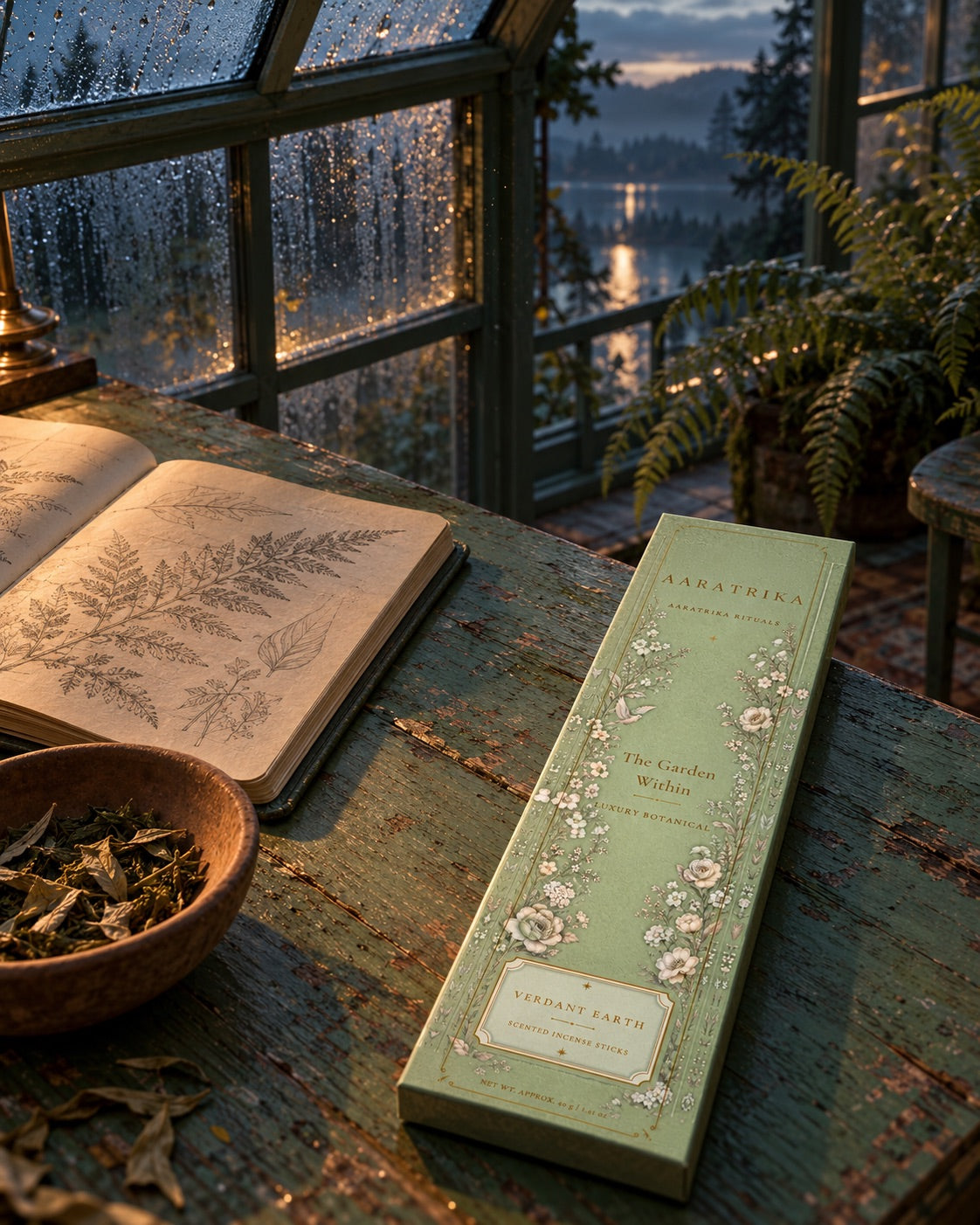 Verdant Earth Botanical incense packaging beside a botanical book and rain-streaked window