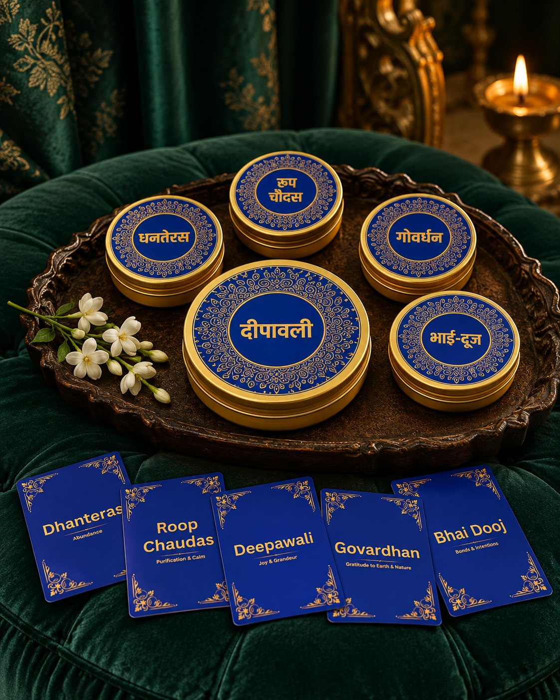 The five candle tins on a tray, each named for its day, with the five cards laid out below