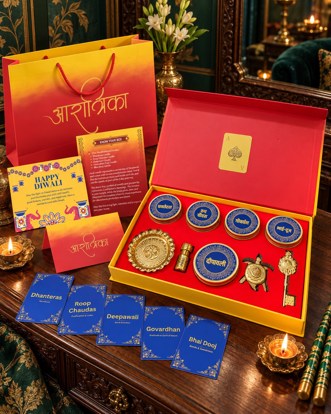 The Diwali Gift Box open on a desk: five candle tins, a golden Om plate, Bela Itra, a tortoise carrying a Shri Yantra and a Kuber Kunji key, the Ace card in the lid