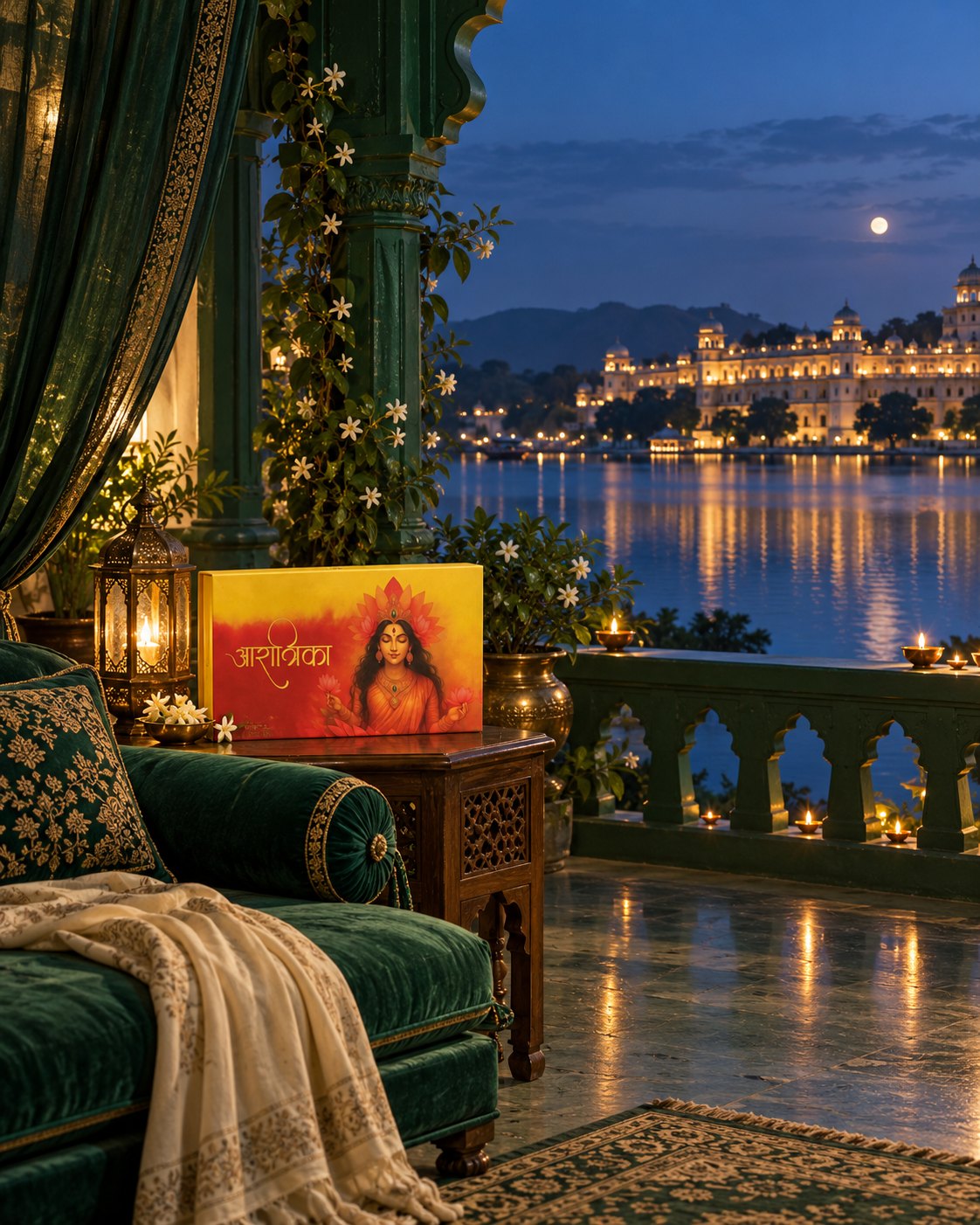 The Diwali Gift Box, closed, on a palace terrace at twilight, the lit palace across the lake behind it