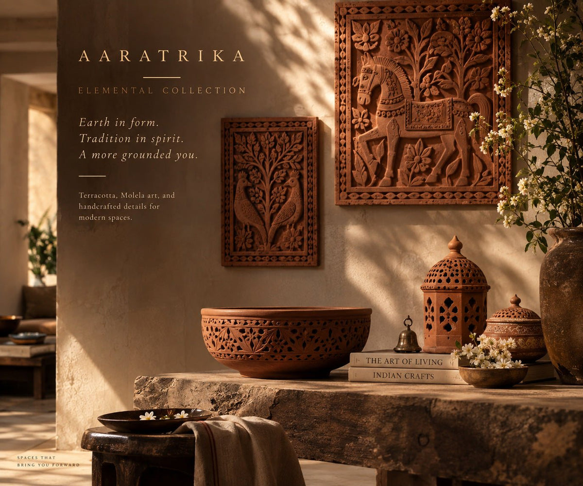 The Elemental Collection concept artwork: carved relief panels and vessels in an earth-toned room