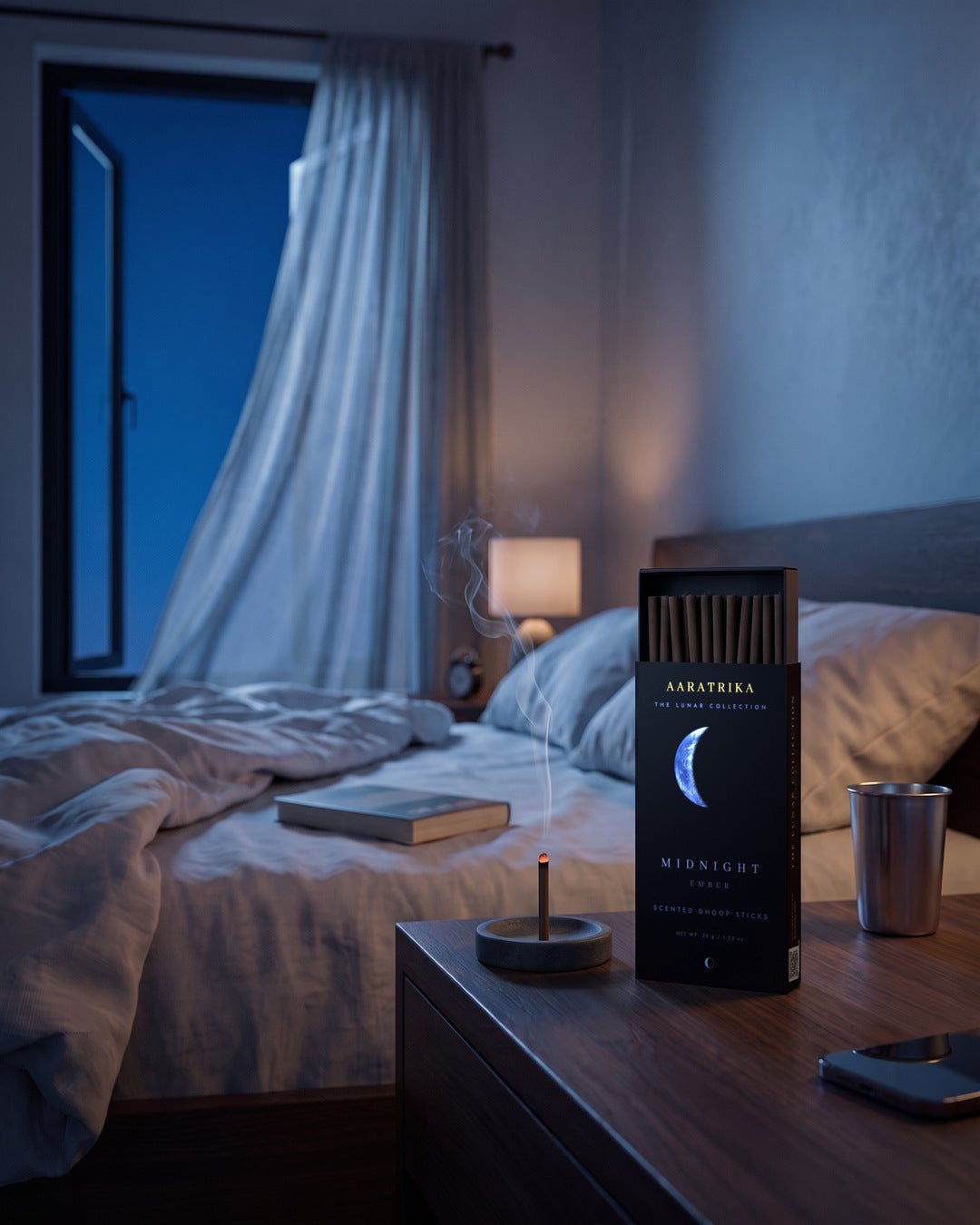 A bedroom at night in blue light
