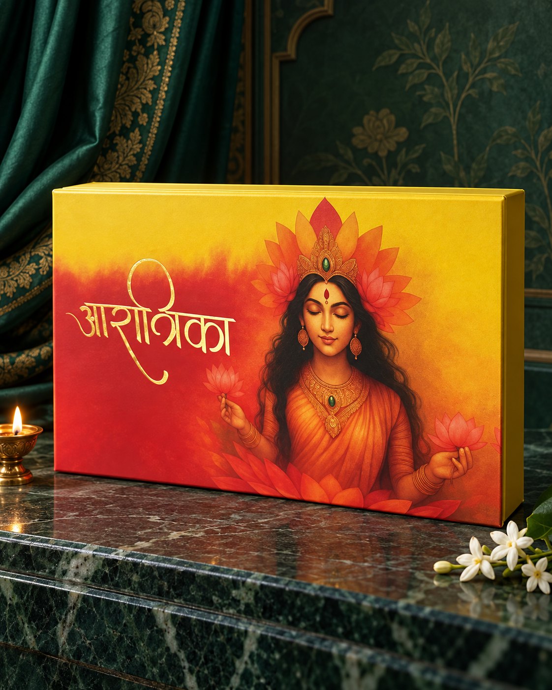 The Diwali Gift Box, closed, with four of its candle tins in front