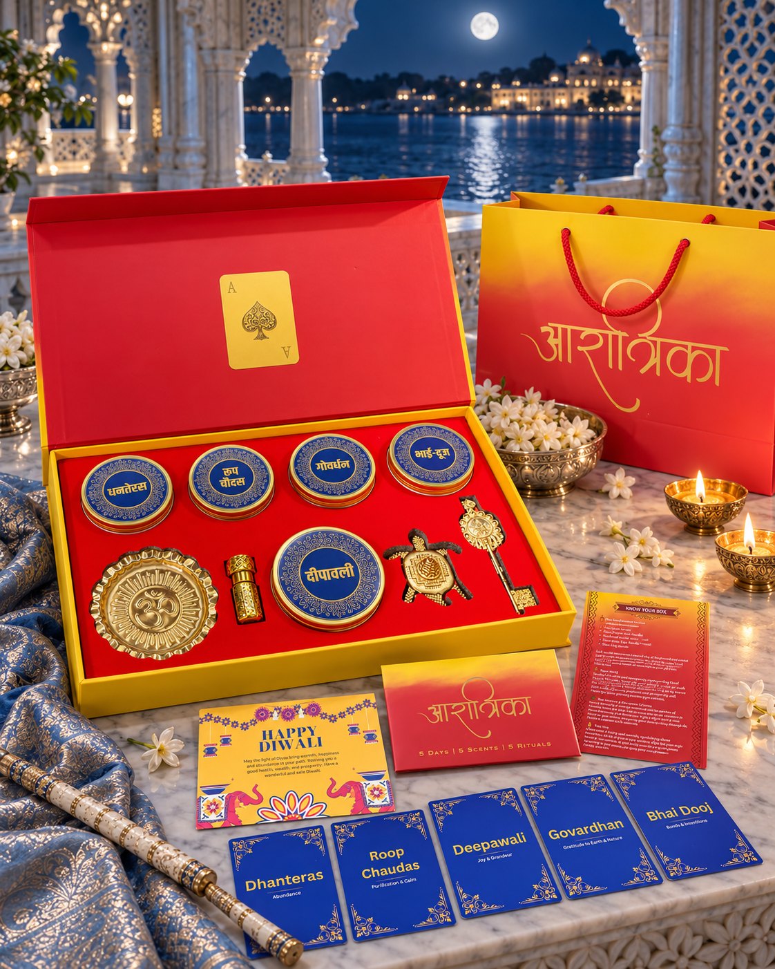 The open Diwali Gift Box, its carry bag and the five cards at a moonlit window