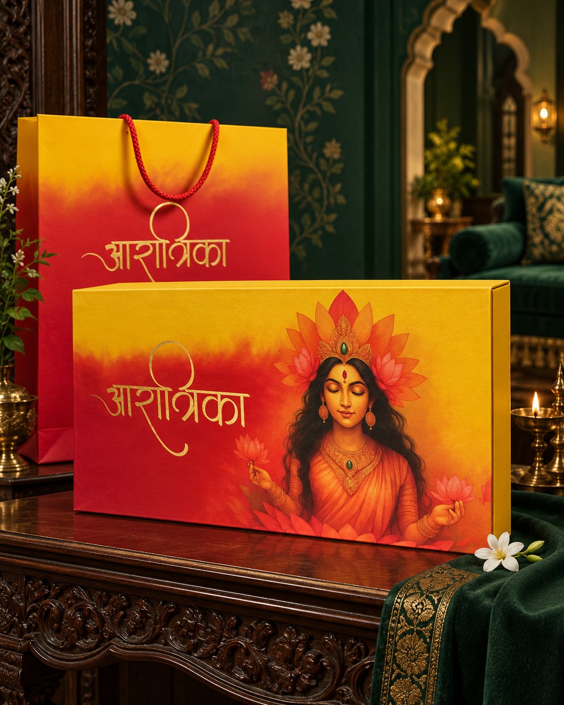 The Diwali Gift Box, closed, with its carry bag in an emerald salon
