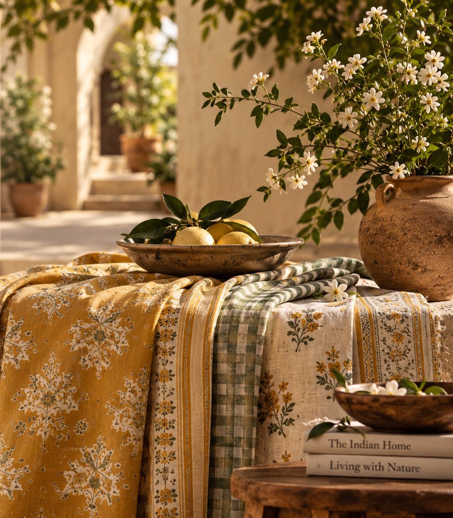 Patterned table linens in a sunlit courtyard